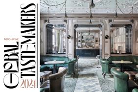 A split image of the inside of a restaurant and a design text for Global Tastemakers